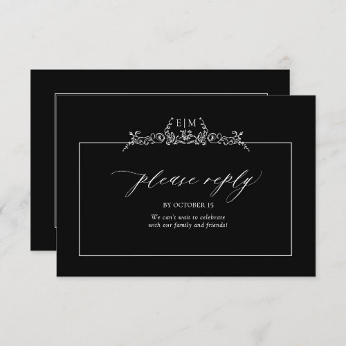 Black  White Floral Border Monogram Wedding RSVP Card