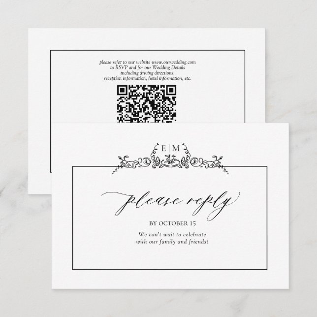 Black & White Floral Border Monogram Wedding RSVP Card (Front/Back)