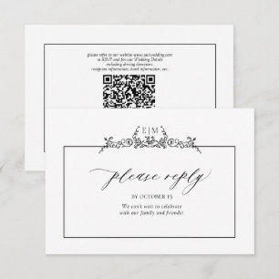 Black & White Floral Border Monogram Wedding RSVP Card