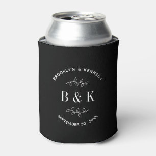 Black White Floral Botanical Monogram Couple Name Can Cooler