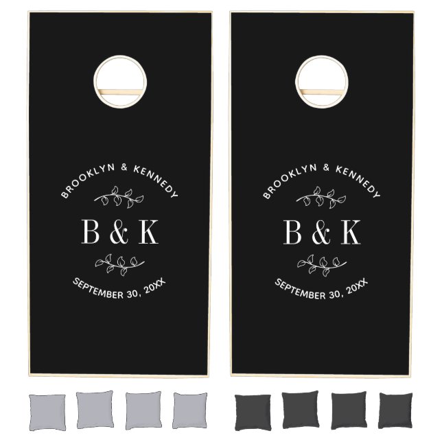 Black White Floral Botanical Monogram Couple Name Cornhole Set (Set)