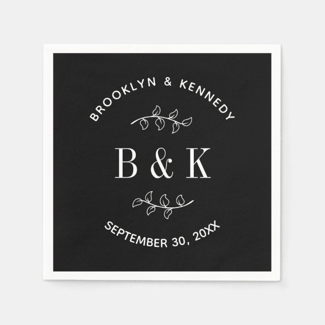 Black White Floral Botanical Monogram Couple Name Napkins (Front)