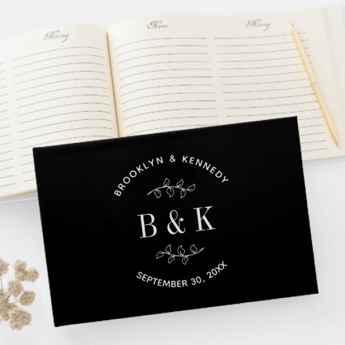 Black White Floral Botanical Wedding Couple Name Guest Book