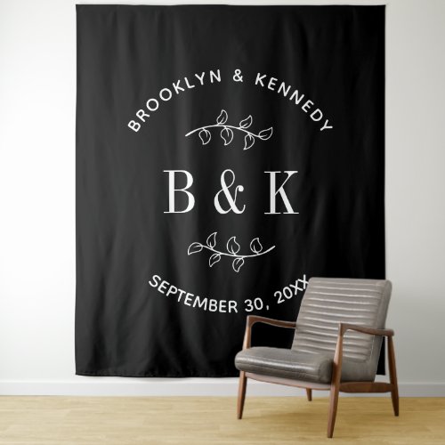 Black White Floral Botanical Wedding Couple Name Tapestry