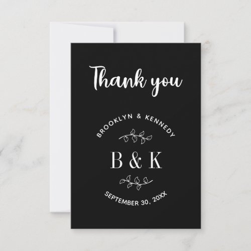 Black White Floral Botanical Wedding Couple Name Thank You Card