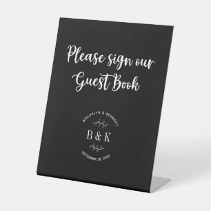 Black White Floral Botanical Wedding Guest Book Pedestal Sign