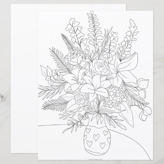 Black white floral bouquet coloring illustration (Front/Back)