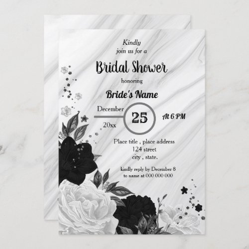 Black  white floral bridal shower invitation