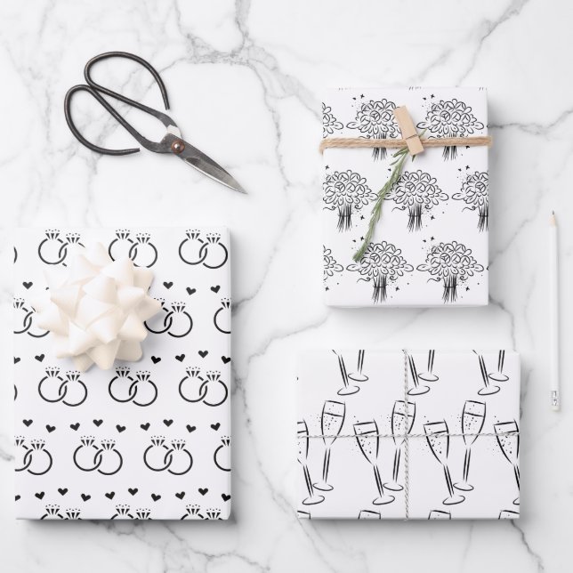 Black & White Floral Bridal/Wedding Shower Wrapping Paper Sheets (Front)