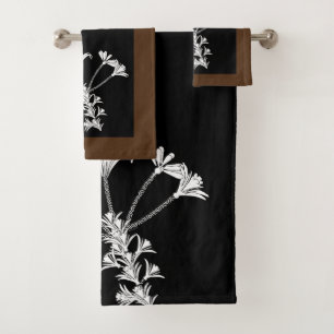 Black White Floral Brown Trim Towel Set