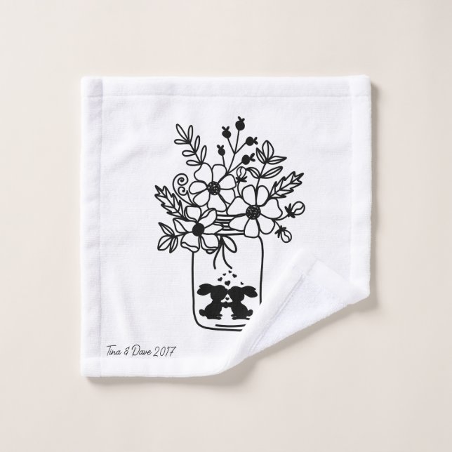 Black & White Floral Bunnies Wash Cloth (Wash Cloth)