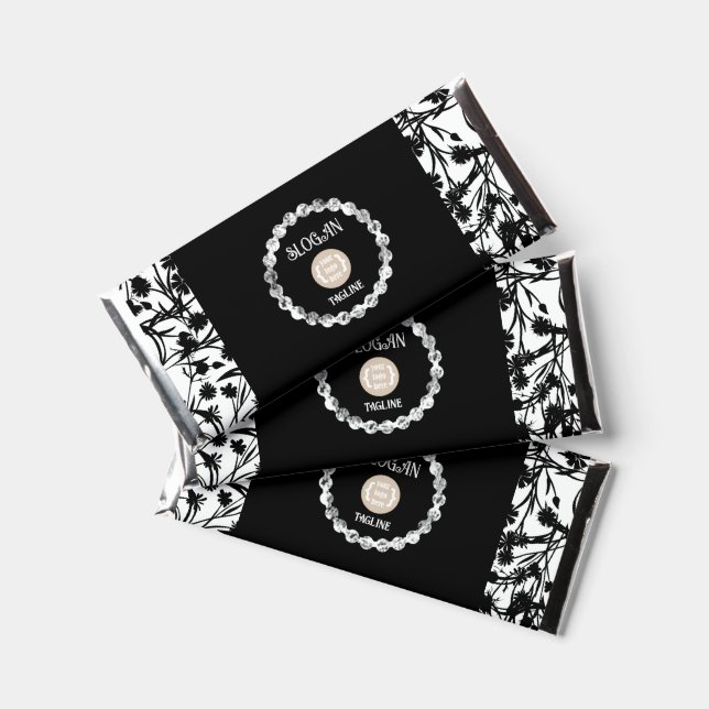 Black & White Floral Business Logo, Promotional Hershey Bar Favors (Front)