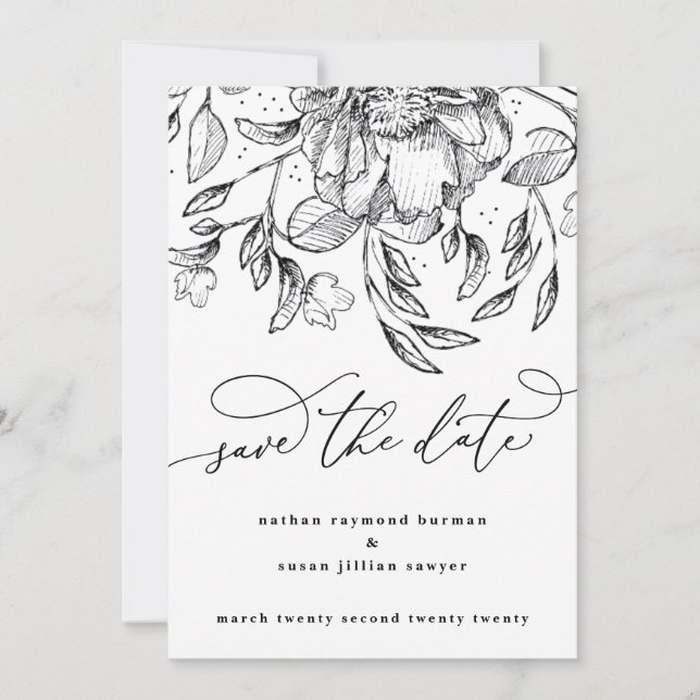 Black White floral calligraphy Save the Date Card (Front)