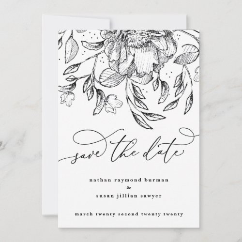 Black White floral calligraphy Save the Date Card