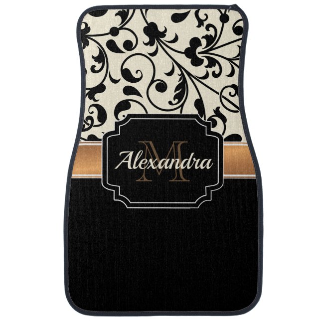 Black & White Floral Car Floor Mat (Front)