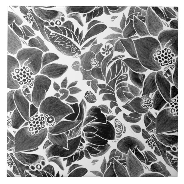 Black White floral Ceramic Tile (Front)