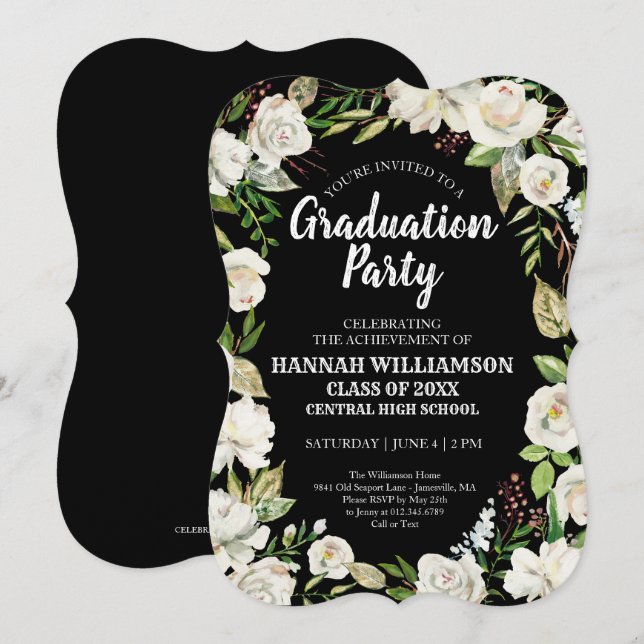 Black White Floral Class of 2021Graduation Party Invitation (Front/Back)