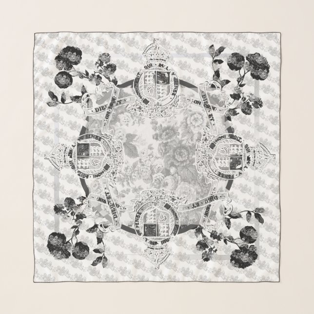 Black & White Floral Coat Of Arms Scarf (Front)
