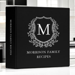 Black White Floral Crest Monogram Family Recipe 3 Ring Binder