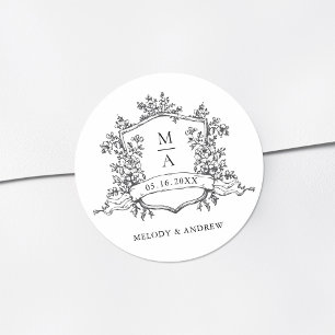 Black & White Floral Crest Monograms Wedding Classic Round Sticker