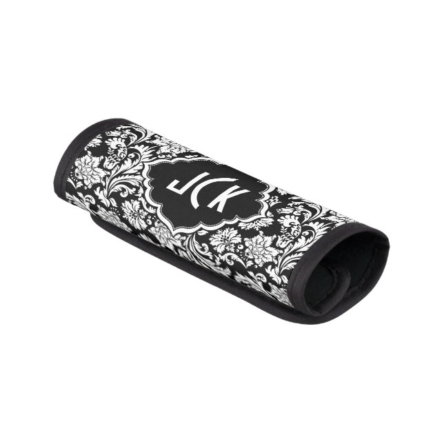 Black & White Floral Damask 5 Pattern Luggage Handle Wrap (Angled)