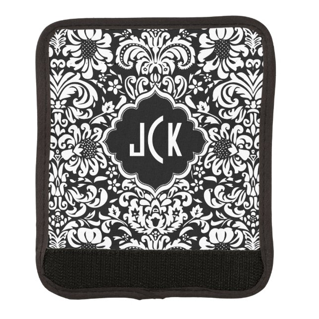 Black & White Floral Damask 6 Pattern Luggage Handle Wrap (Front)