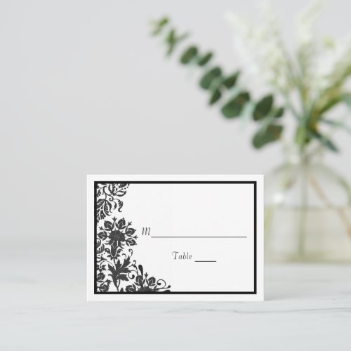 Black  White Floral Damask  Custom Flat Place Card