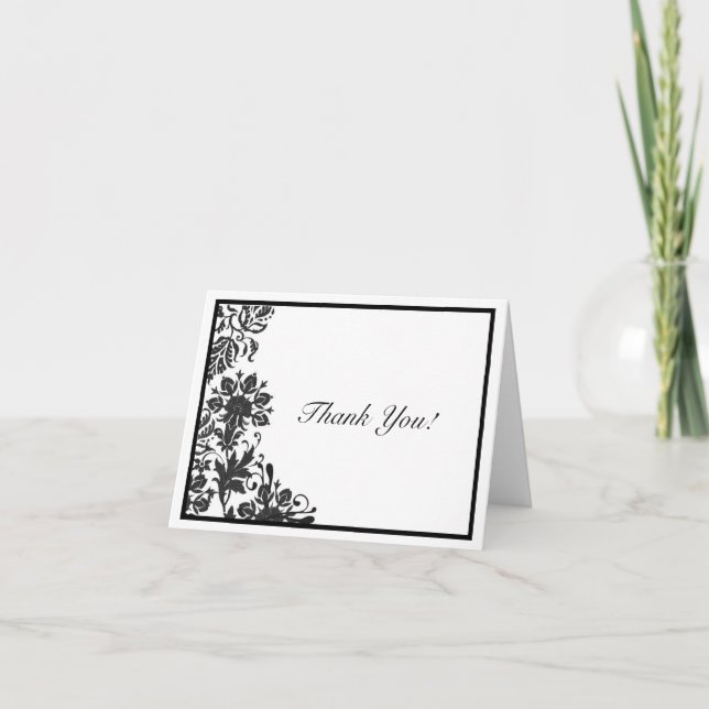Black & White Floral Damask Custom Thank You Card (Front)