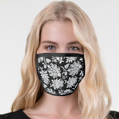 Black  White Floral Damask Face Mask