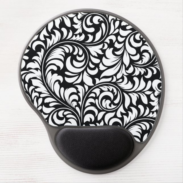 Black & White Floral Damask Gel Mousepad (Front)