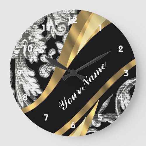 Black  white floral damask large clock