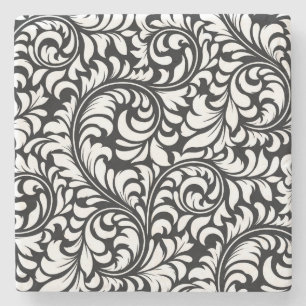 Black & White Floral Damask Marble Coaster