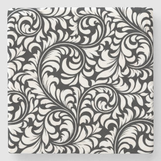 Black & White Floral Damask Marble Coaster