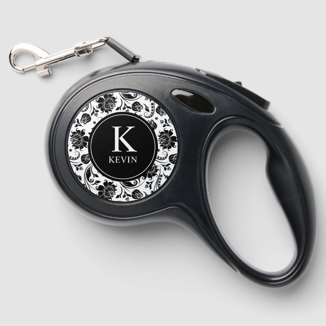 Black White Floral Damask Monogram Retractable Pet Leash (Front)