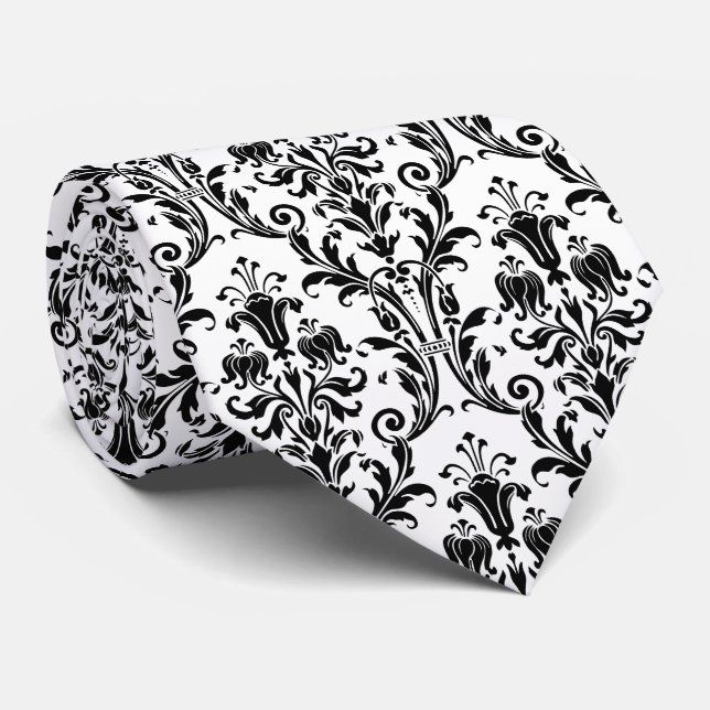 Black White Floral Damask Neck Tie (Rolled)