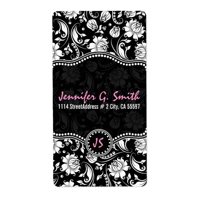 Black & White Floral Damask Pattern 2 Label (Front)