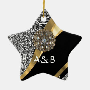 Black & white floral damask pattern ceramic ornament