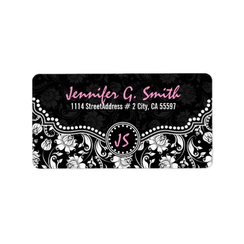 Black  White Floral Damask Pattern Label