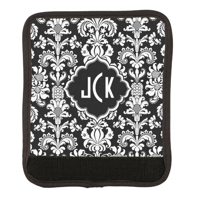 Black & White Floral Damask Pattern Luggage Handle Wrap (Front)