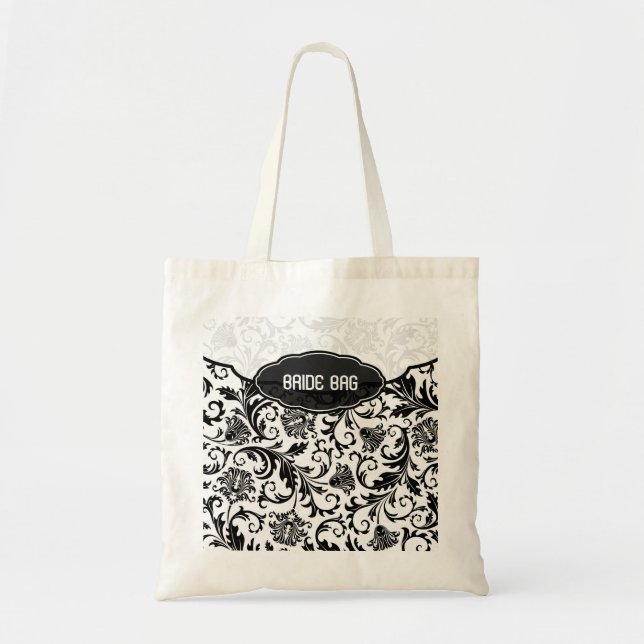 Black & White Floral Damask Pattern-Monogram Tote Bag (Front)