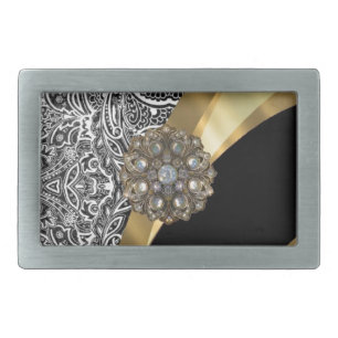 Black & white floral damask pattern rectangular belt buckle