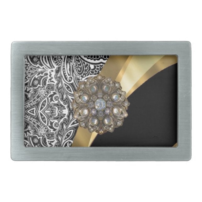 Black & white floral damask pattern rectangular belt buckle (Front)