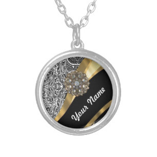 Black & white floral damask pattern silver plated necklace