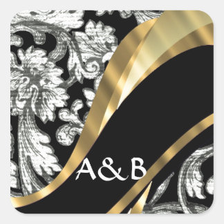 Black & white floral damask square sticker