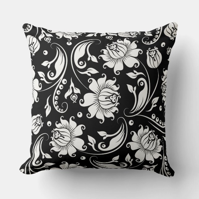 Black & White Floral Damasks Pattern Throw Pillow (Front)