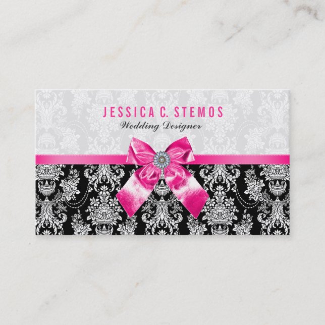 Black & White Floral Damasks With Pink Bow Business Card (Front)