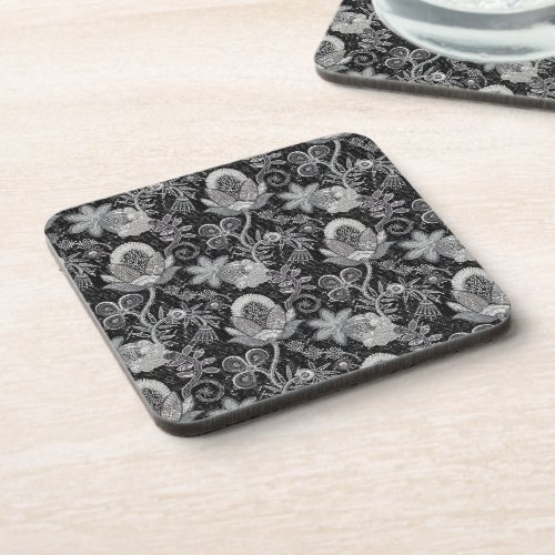 Black  White Floral Design Glass Beads Look Drink Coaster