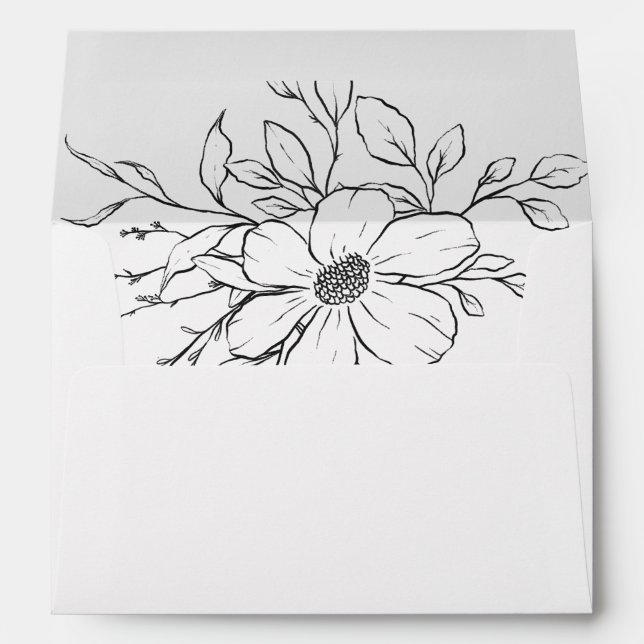 Black White Floral Drawing Wedding  Envelope (Back (Bottom))