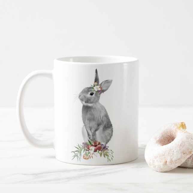 Black White Floral Easter Bunny Coffee Mug (With Donut)