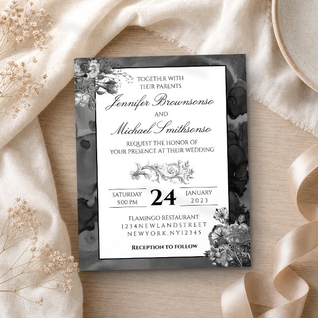 Black White floral Elegant Wedding Budget Flyer